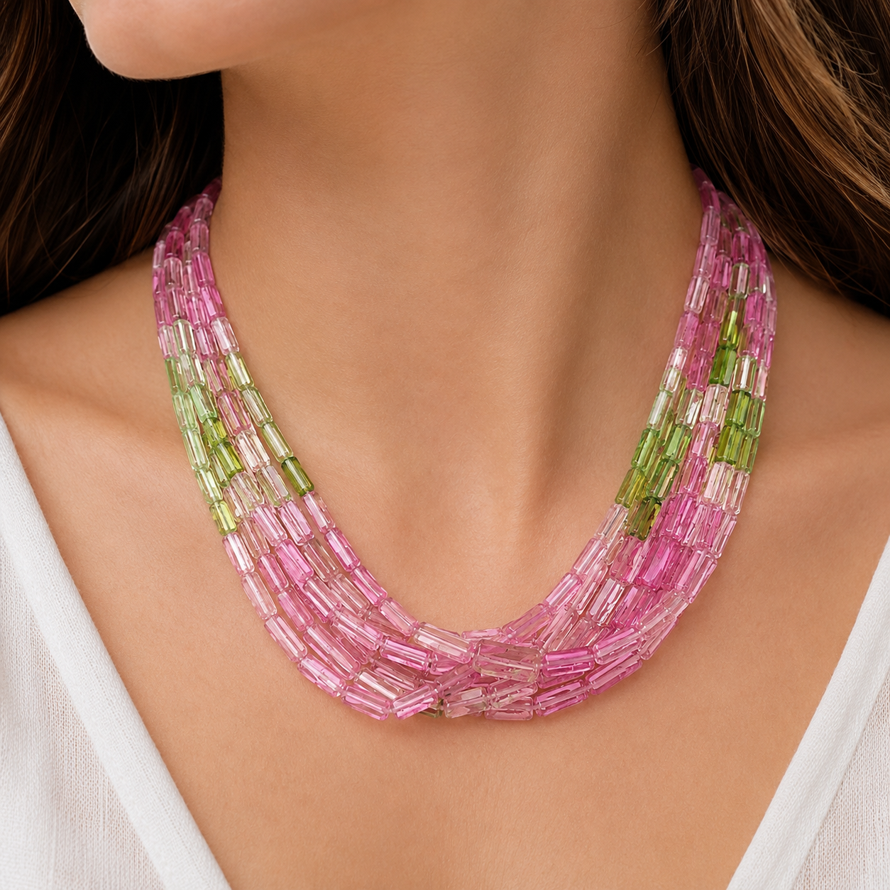 12 Strand Watermelon Tourmaline Beaded Necklace
