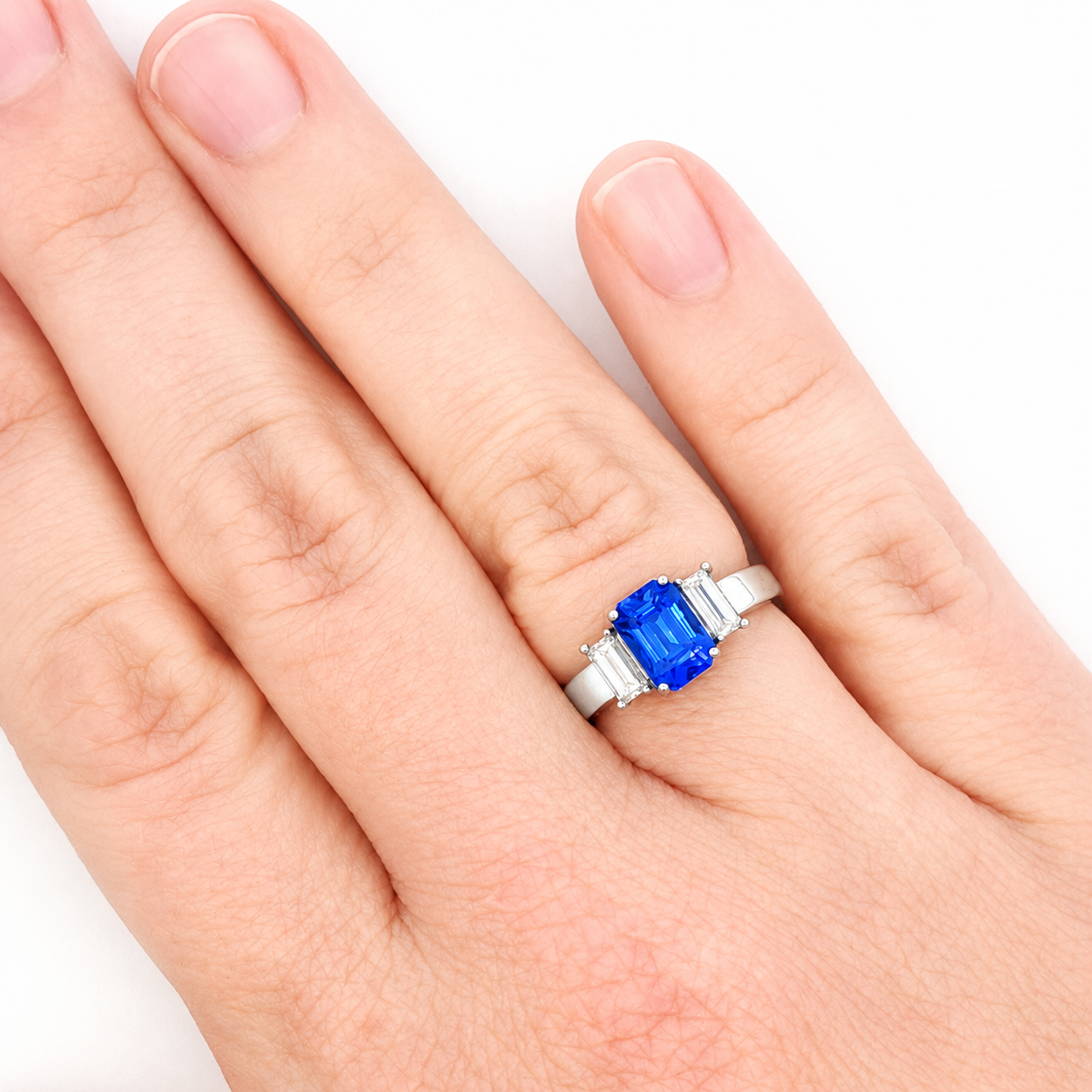 Emerald Cut Tanzanite & Diamond 3 Stone Ring