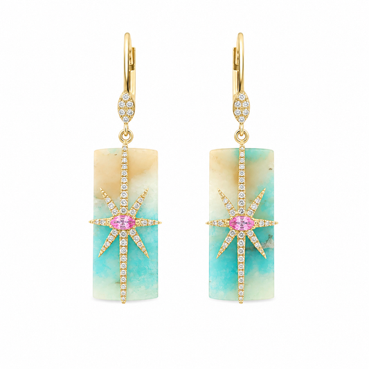 Azurite, Pink Sapphire, & Diamond Earrings
