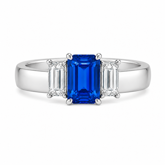 Emerald Cut Tanzanite & Diamond 3 Stone Ring