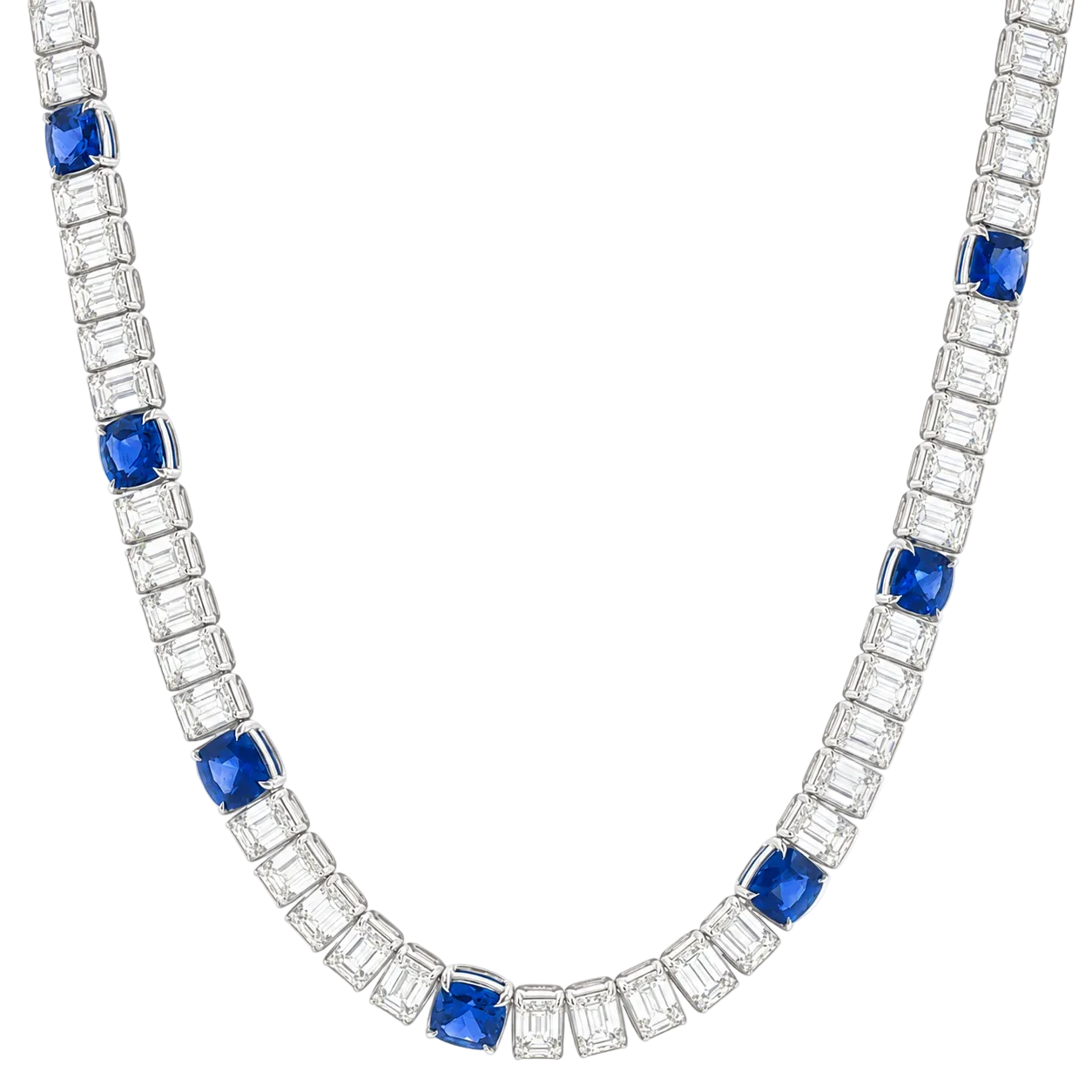 Emerald Cut Diamond & Cushion Cut Blue Sapphire Necklace