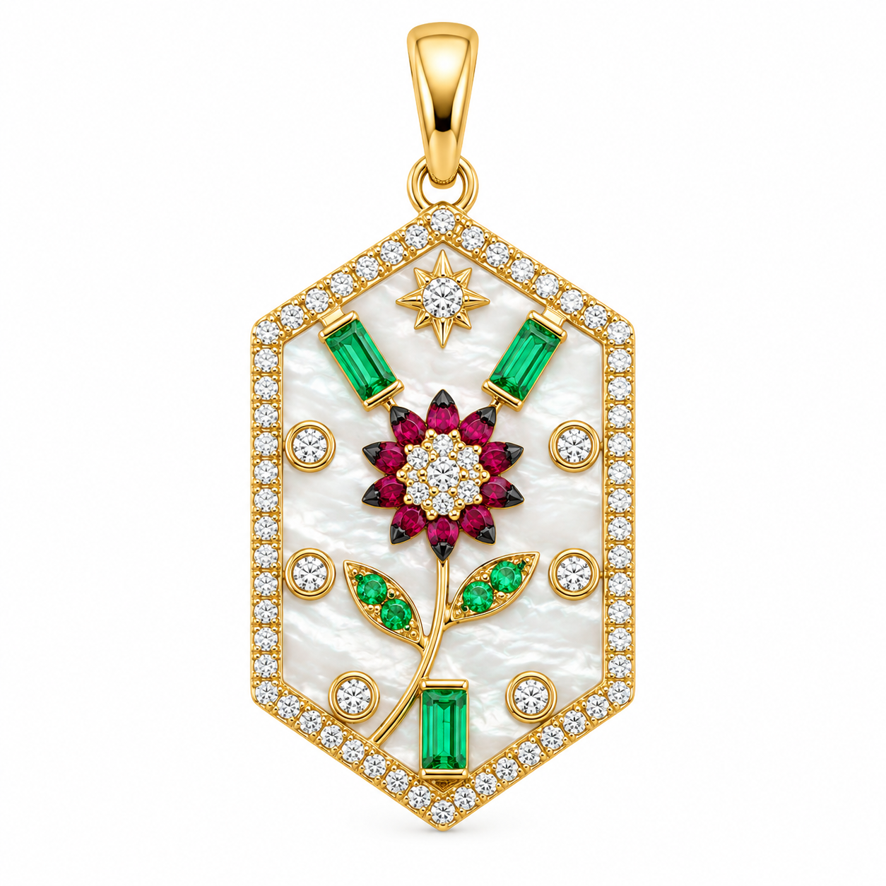 Calcedon, Ruby, Emerald, & Diamond Floral Pendant