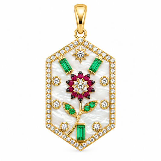 Calcedon, Ruby, Emerald, & Diamond Floral Pendant