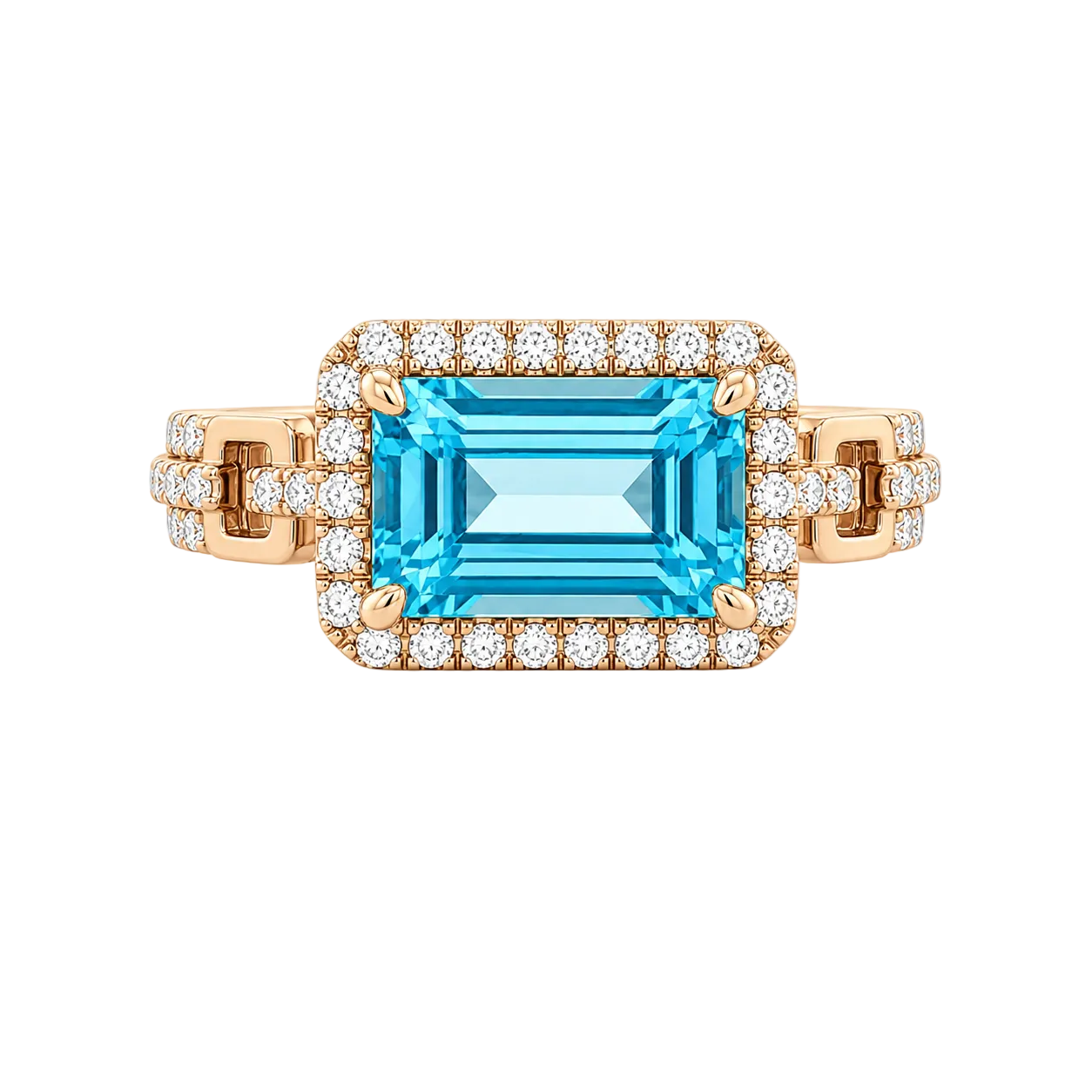 Emerald Cut Blue Topaz & Diamond Link Ring