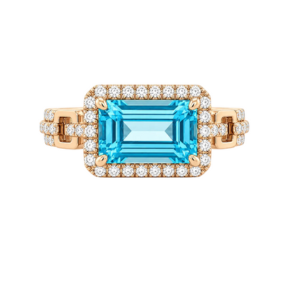 Emerald Cut Blue Topaz & Diamond Link Ring