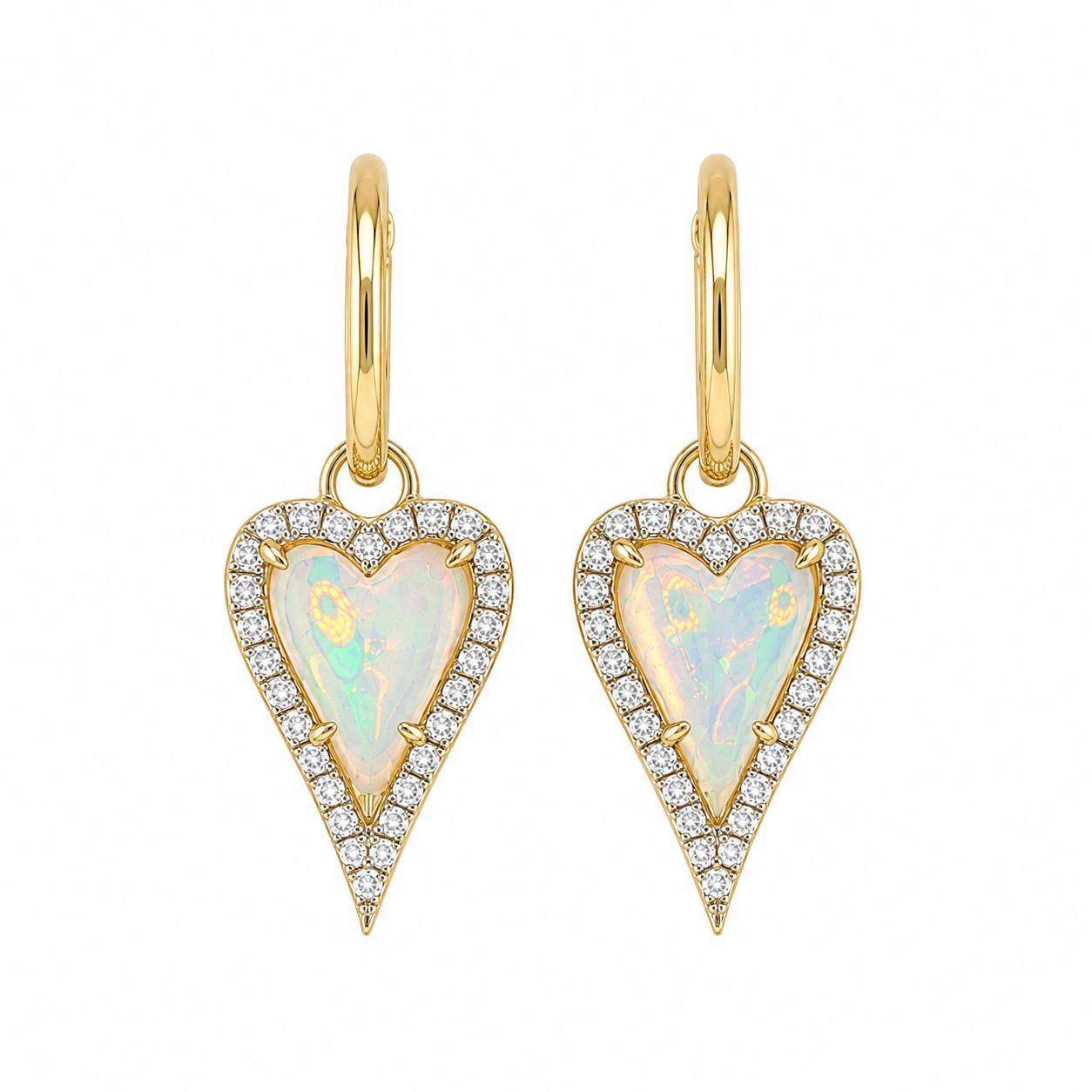 Opal & Diamond Heart Dangle Earrings