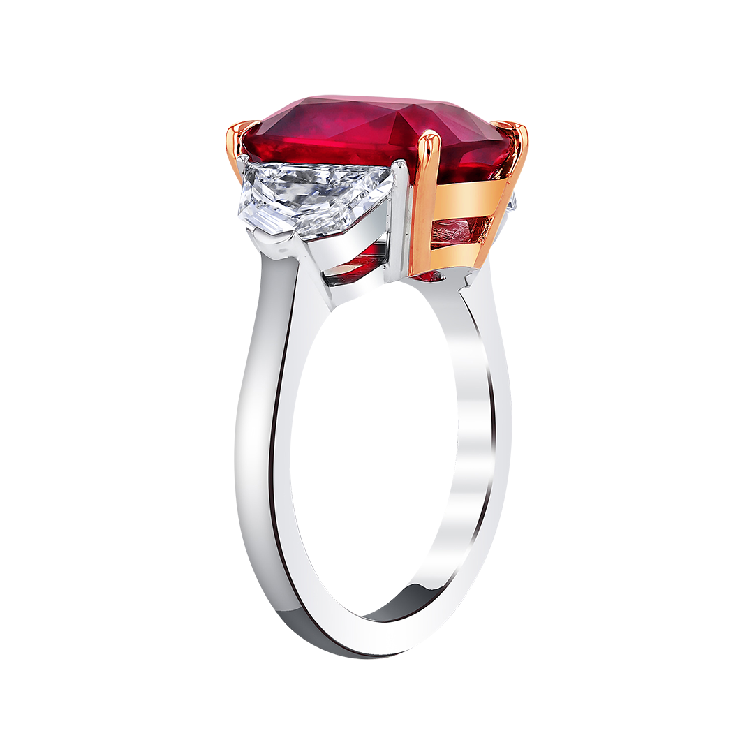 Elongated Cushion Ruby with Diamond Epaulette Diamond Side Stones Ring