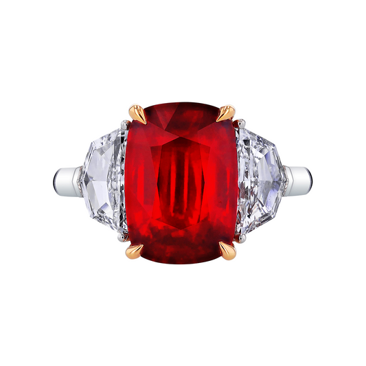 Elongated Cushion Ruby with Diamond Epaulette Diamond Side Stones Ring