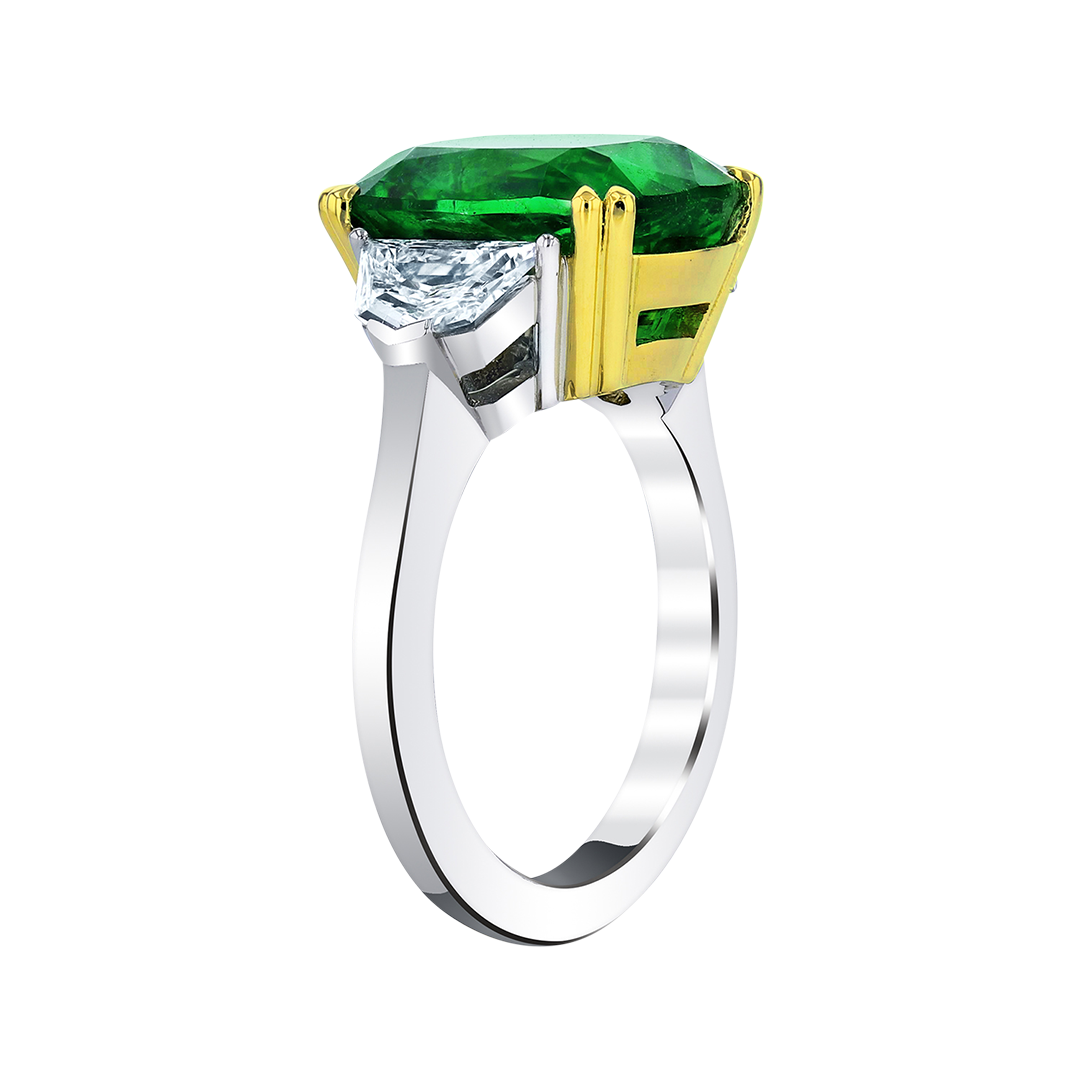 Emerald Cushion with Half-Moon Diamond Side Stones Ring