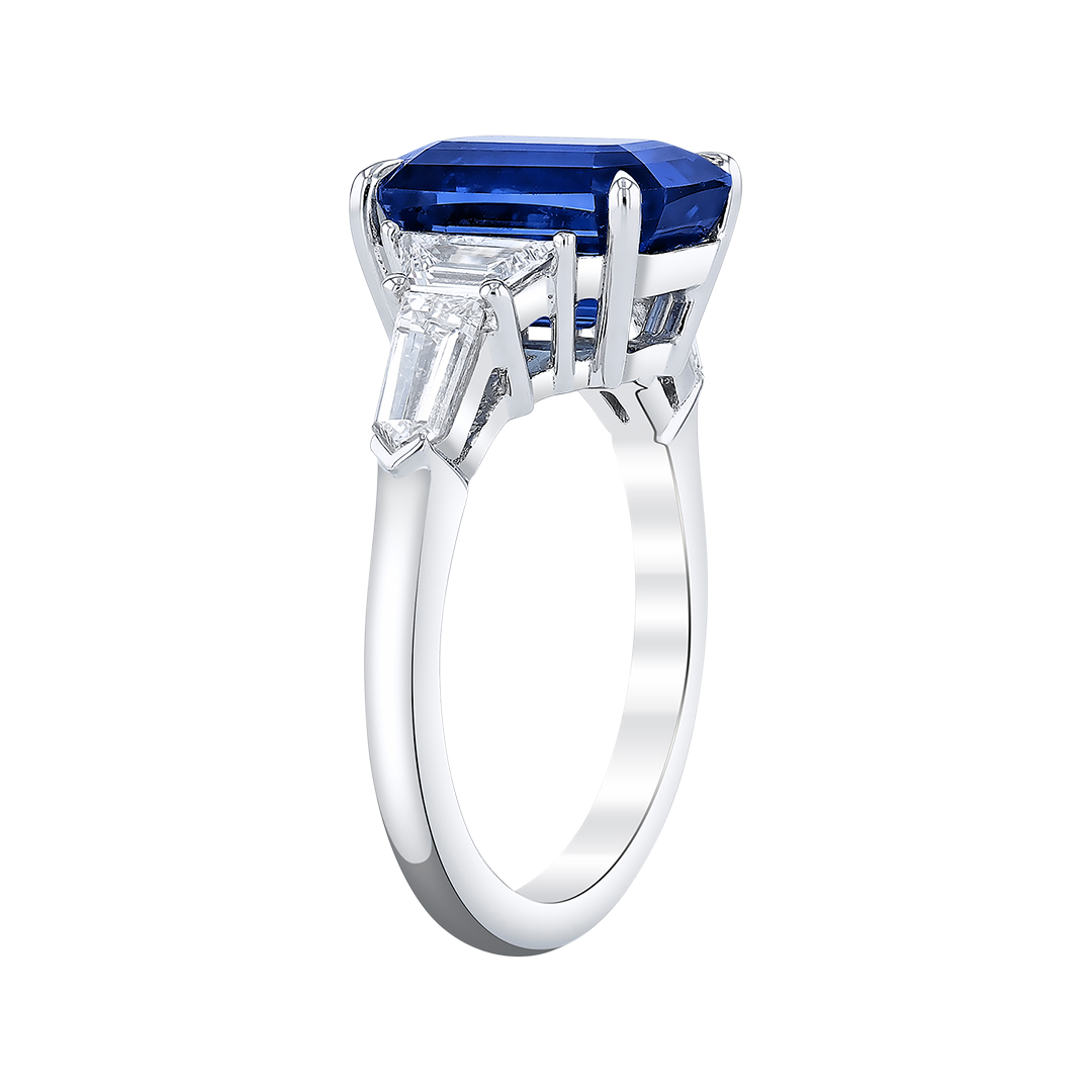 Emerald Cut Blue Sapphire with Multi-Shape Diamond Side Stones Ring