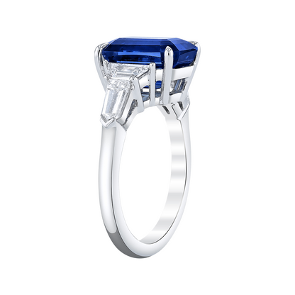 Emerald Cut Blue Sapphire with Multi-Shape Diamond Side Stones Ring