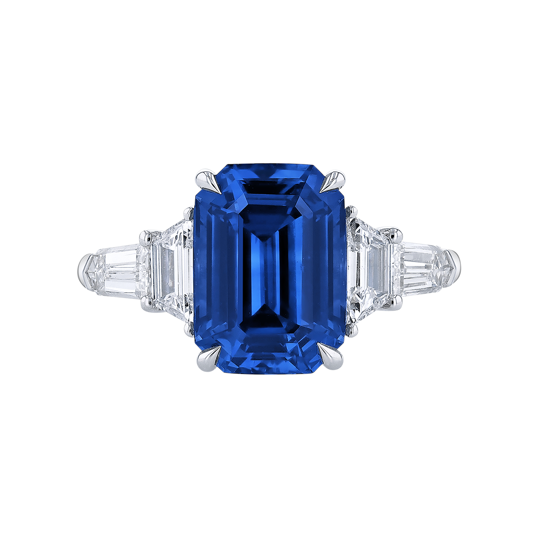 Emerald Cut Blue Sapphire with Multi-Shape Diamond Side Stones Ring
