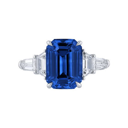 Emerald Cut Blue Sapphire with Multi-Shape Diamond Side Stones Ring