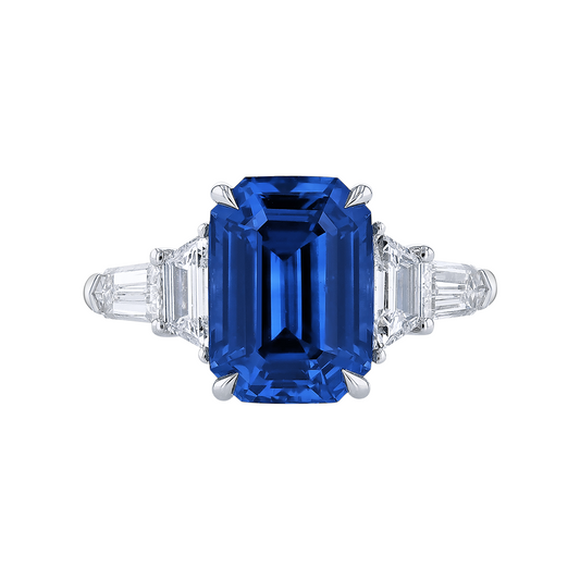 Emerald Cut Blue Sapphire with Multi-Shape Diamond Side Stones Ring