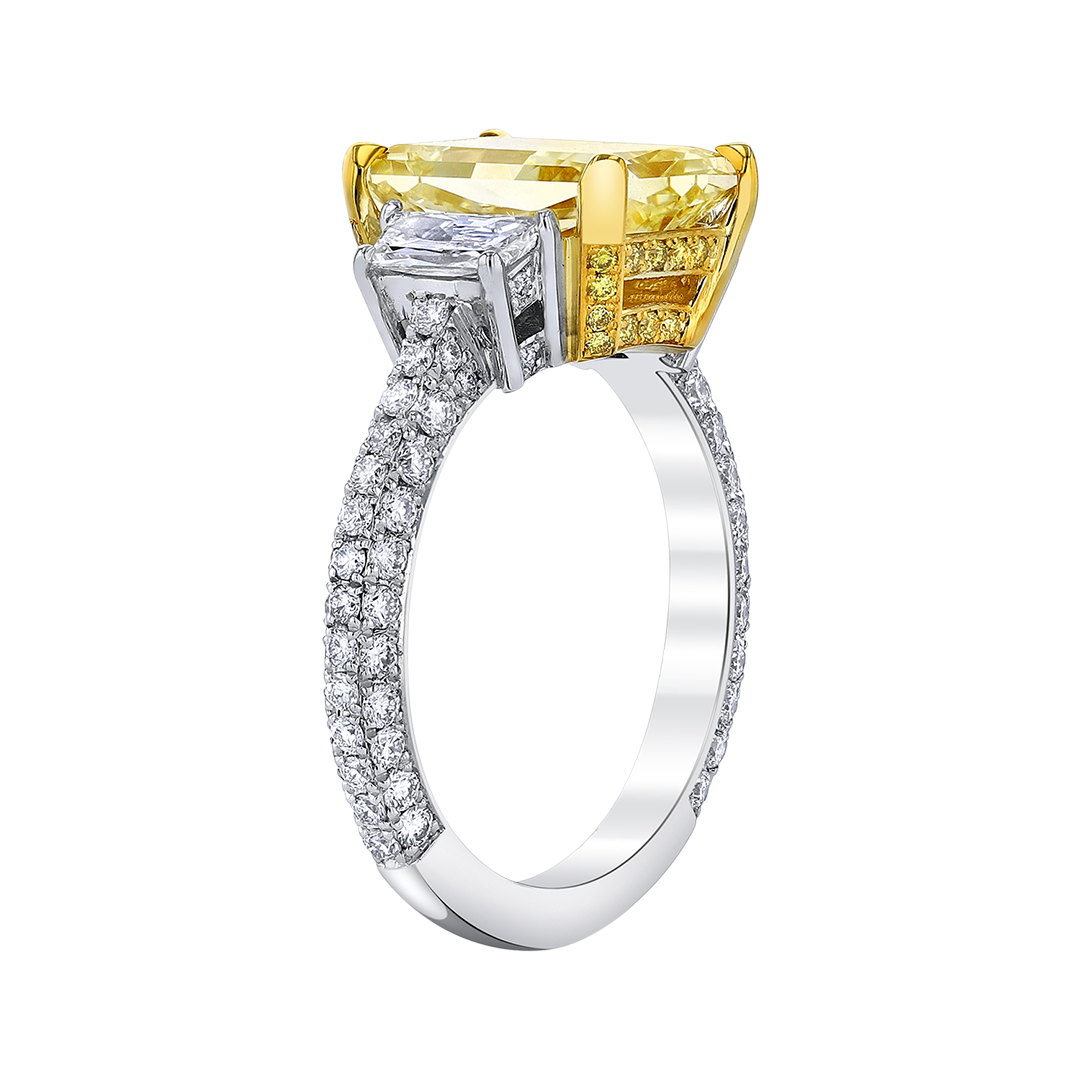 Fancy Light Yellow Radiant Cut with Trapezoid Diamond Side Stones and Pavé Ring
