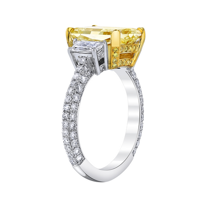 Fancy Light Yellow Radiant Cut with Trapezoid Diamond Side Stones and Pavé Ring