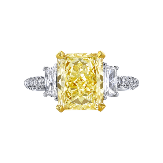 Fancy Light Yellow Radiant Cut with Trapezoid Diamond Side Stones and Pavé Ring