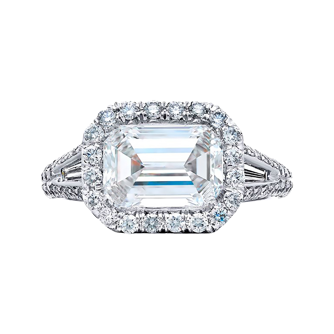 Horizontal Emerald Cut with Mixed Shape Diamonds Ring