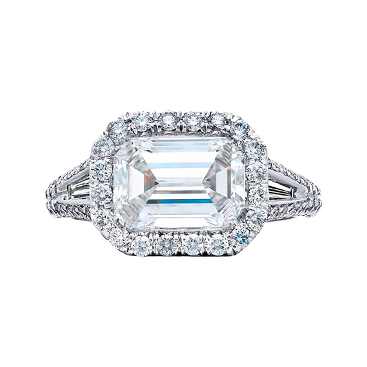 Horizontal Emerald Cut with Mixed Shape Diamonds Ring