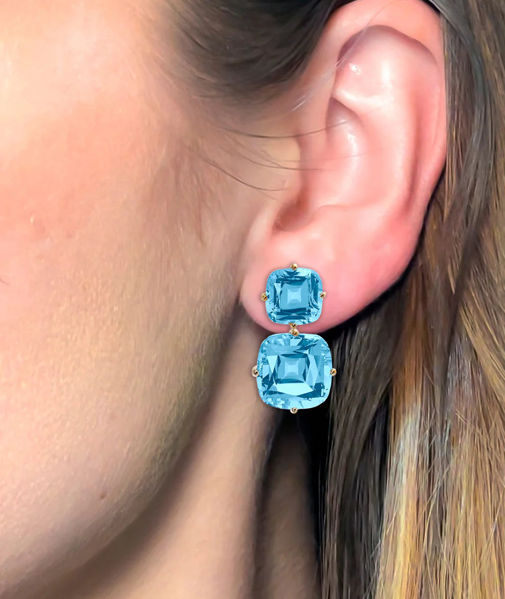 Double Cushion Cut Blue Topaz Earrings