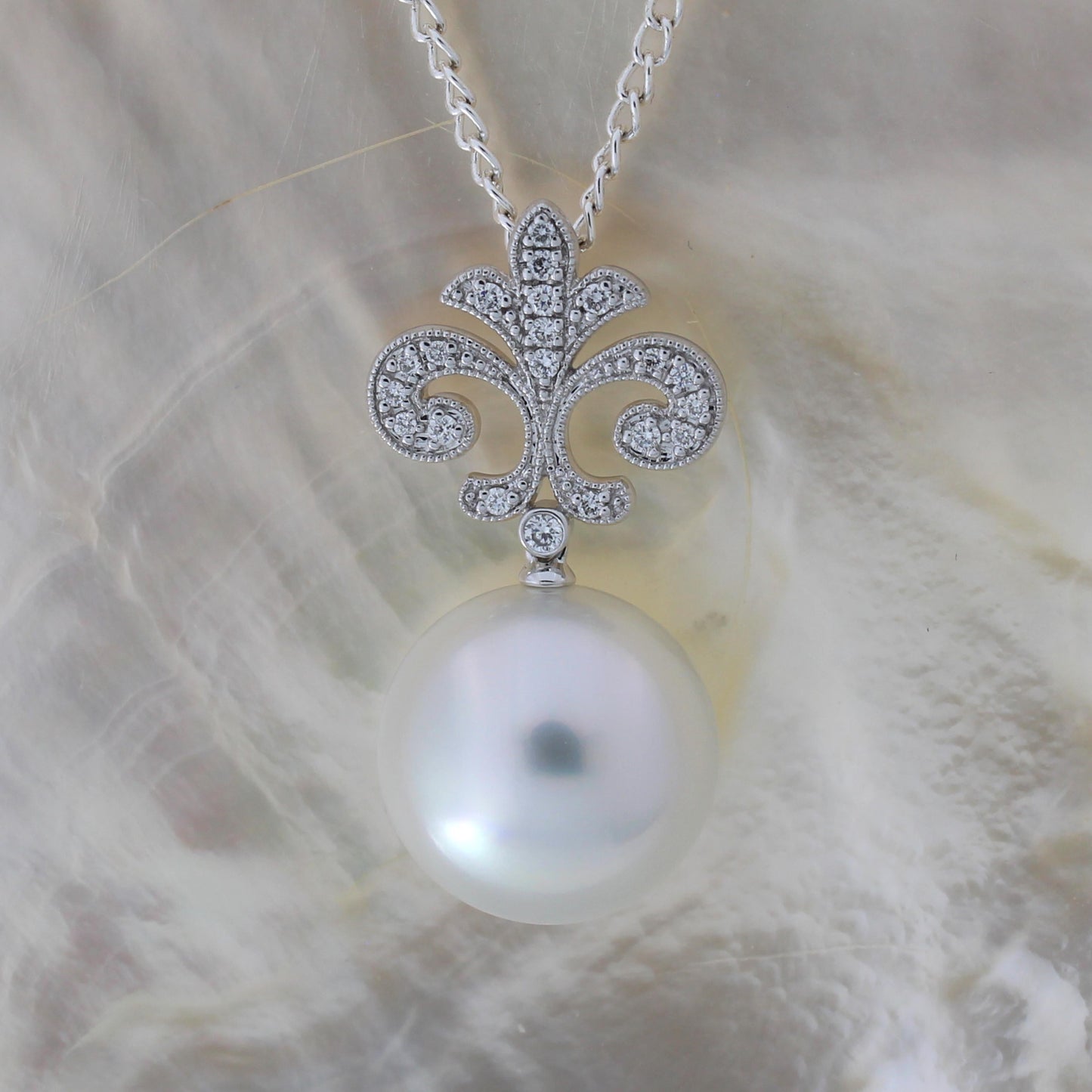 Diamond Fleur de Lis & Pearl Pendant