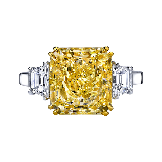 Radiant Cut Fancy Yellow Diamond with Trapezoid Side Stones