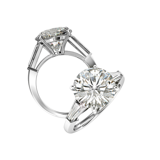 Round Diamond with Tapered Baguette Side Stones Ring