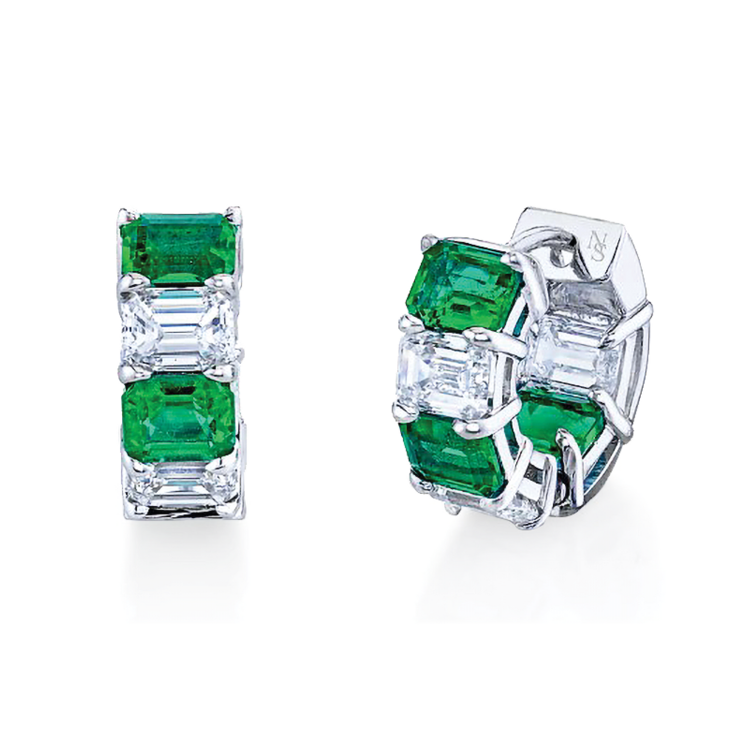 18kt white gold 2.59ctw emerald and (2.48ctw) diamond huggie earrings