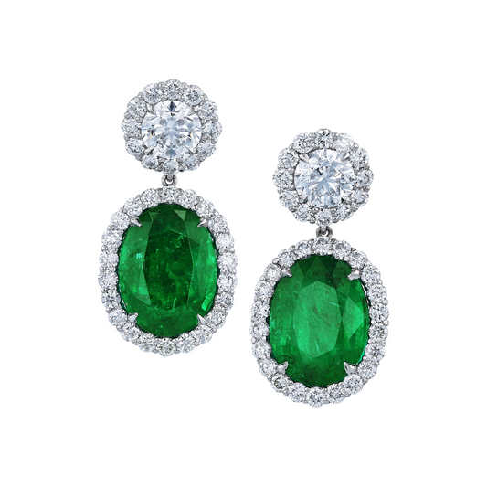 Platinum 11.51ctw Emerald (GIA) and (4.38ctw) Diamond dangle earrings