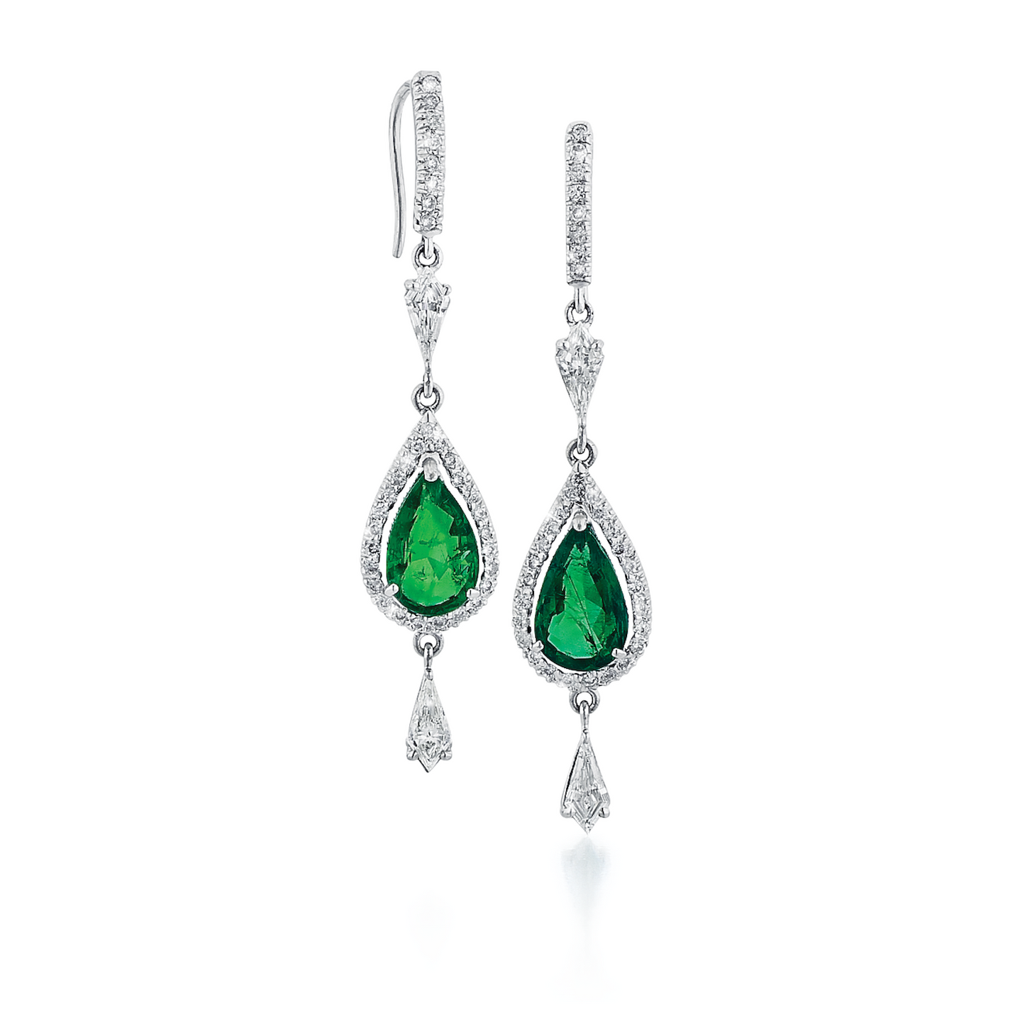 18kt white gold 2.44ctw pear shaped emerald and (1.20ctw) diamond dangle earrings