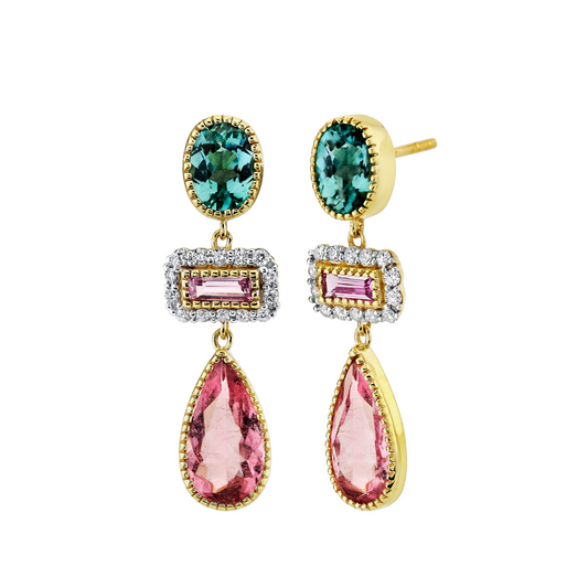 Sloane Street pink tourmaline and blue green tourmaline earrings