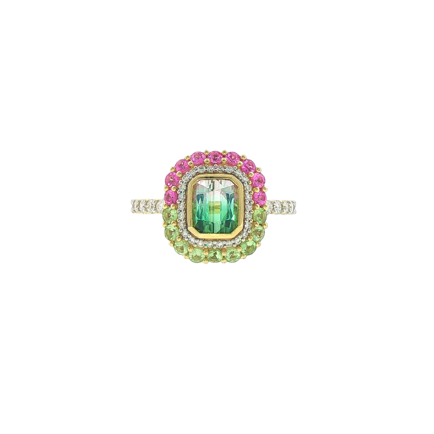 Watermelon Tourmaline, Tsavorite, & Pink Sapphire Ring