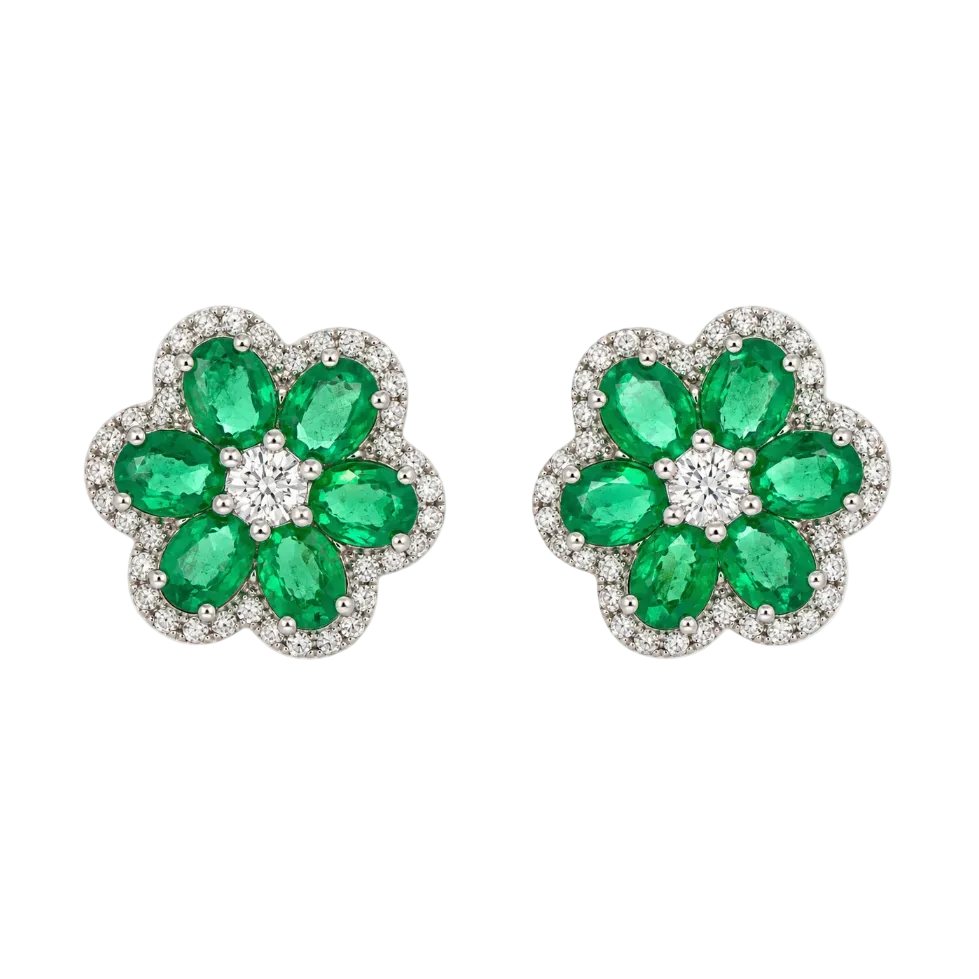Emerald & Diamond Oval Flower Stud Earrings