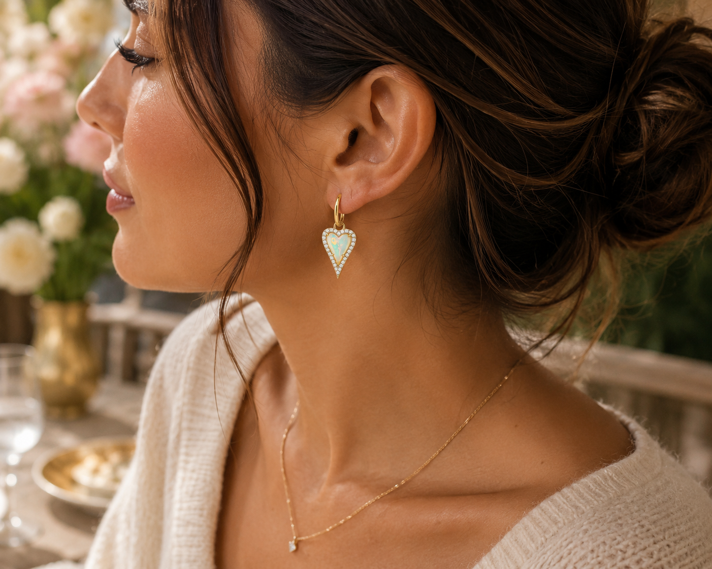 Opal & Diamond Heart Dangle Earrings