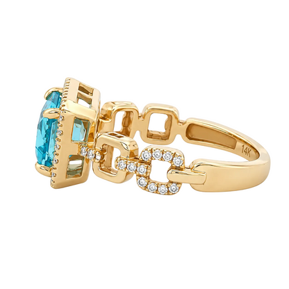 Emerald Cut Blue Topaz & Diamond Link Ring