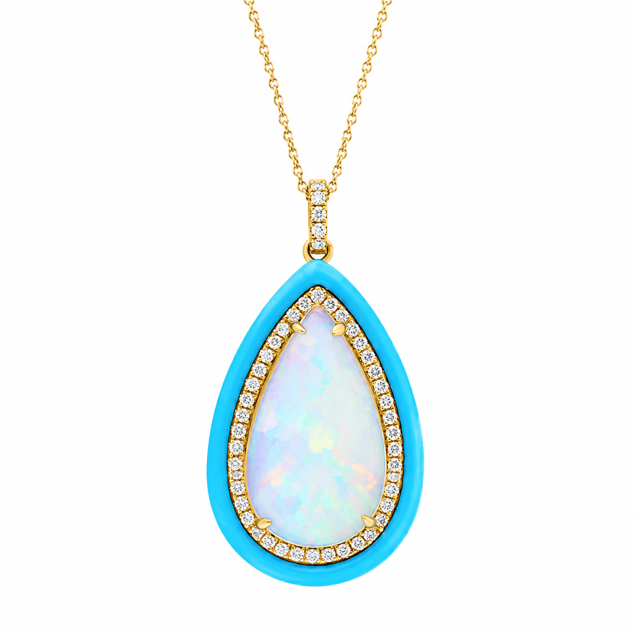 Opal with Turquoise & Diamond Halo Necklace
