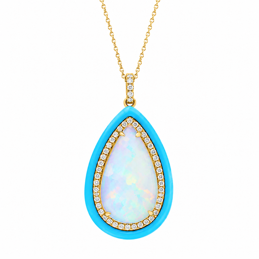 Opal with Turquoise & Diamond Halo Necklace
