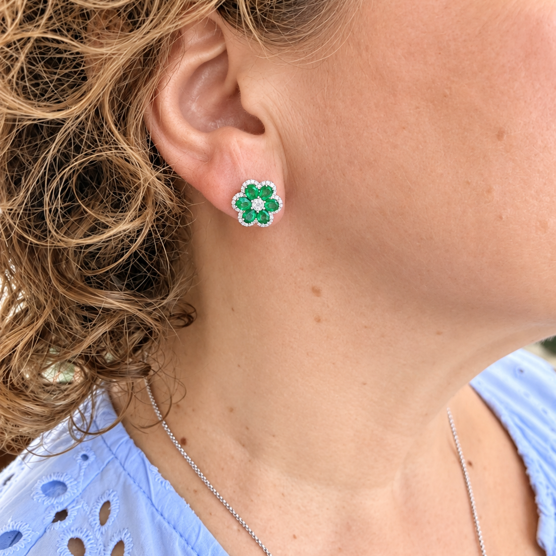 Emerald & Diamond Oval Flower Stud Earrings