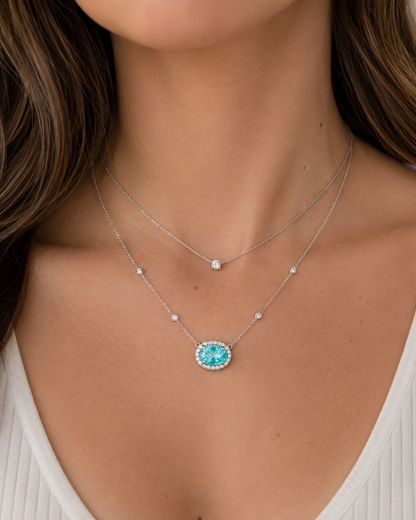 Mozambique Paraiba Tourmaline Oval Pendant & Diamond Bezel Necklace