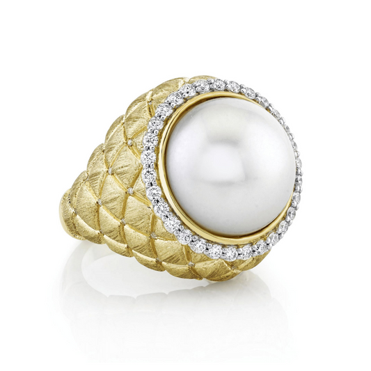 yellow gold quilted pearl and diamond ring